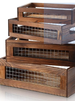 FillTouch 4 Pieces Wooden Nesting Countertop Basket 4 Sizes Wooden Storage Box with Handle and Wire Multifunctional Wooden Storage Box for Fruit & Vegetable Kitchen Cabinet Bathroom (Walnut, S)