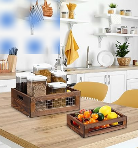 FillTouch 4 Pieces Wooden Nesting Countertop Basket 4 Sizes Wooden Storage Box with Handle and Wire Multifunctional Wooden Storage Box for Fruit & Vegetable Kitchen Cabinet Bathroom (Walnut, S)