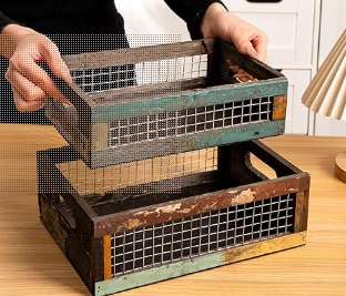 TIMRIS 2-Piece Set of Rustic Wooden Countertop Baskets, Farmhouse Distressed Nesting Boxes, Small Decorative Wooden Storage Boxes, Reclaimed Wood Storage Baskets with Wire Mesh (Random)