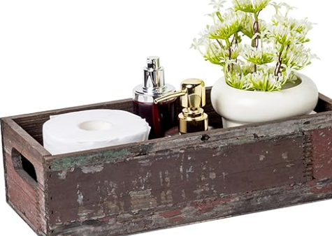 TIMRIS Farmhouse Aged Wooden Organizer, Rustic Style Bathroom Decor Box, Decorative Toilet Basket, Pretty Hips, Solid Reclaimed Wood Organizer with Handle (Random)