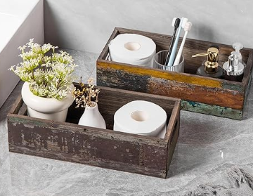 TIMRIS Farmhouse Aged Wooden Organizer, Rustic Style Bathroom Decor Box, Decorative Toilet Basket, Pretty Hips, Solid Reclaimed Wood Organizer with Handle (Random)